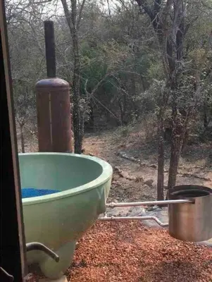 a green bath tub sitting in front of a forest at The Eco Hut in Hoedspruit