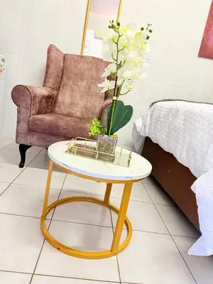 a yellow coffee table with a plant on it next to a couch at Whizzy Lifestyle Lodge in Witbank