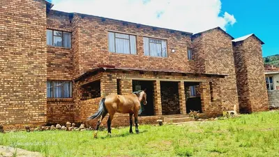 a horse standing in front of a brick building at Matibidi Guest Lodge in Graskop