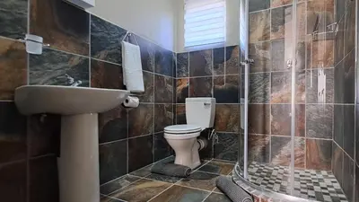 a bathroom with a toilet and a sink and a shower at Casa de la Presa 1 in Polokwane