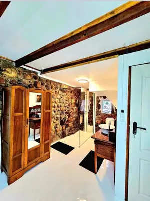 a room with a door and a stone wall at Luxury GuesthouseCo FlintstoneHouse in Marloth Park
