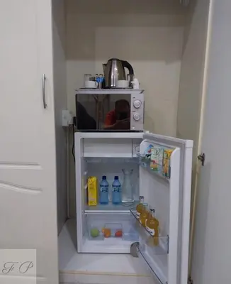 a small refrigerator with its door open and a microwave at The Rhino Room at Frederick's Place in Pretoria
