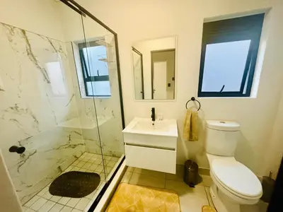a bathroom with a shower and a toilet and a sink at The Blyde Lagoon Apartment in Pretoria