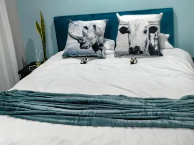 a bed with two pillows with animals on it at SuLo Guesthome in Phalaborwa