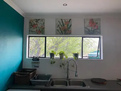 a kitchen with a sink and two windows at Mamuka Africa II in Midrand