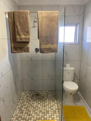 a bathroom with a shower with a toilet and towels at Mamuka Africa II in Midrand