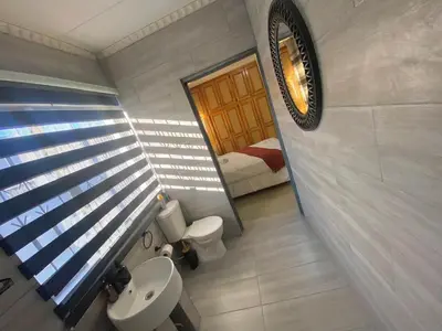a bathroom with a sink and a toilet and a mirror at Buffalo guest lodge in Bushbuckridge