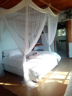 a bedroom with a bed with white curtains at Bushwhacked Barberton in Barberton