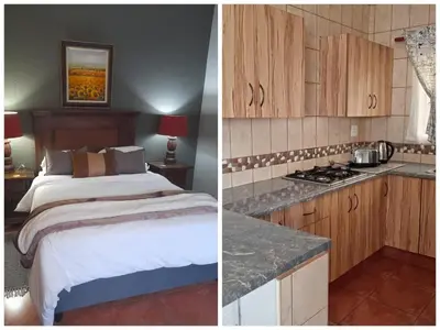 two pictures of a bedroom with a bed and a kitchen at Yellowwood Accommodation in Polokwane