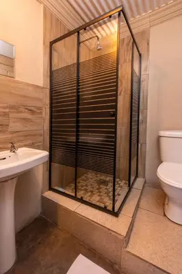 a bathroom with a shower with a toilet and a sink at De Oude Hof Lodge in Delmas