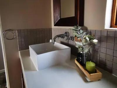 a kitchen sink with a faucet and a vase of flowers at Troutmere in Belfast