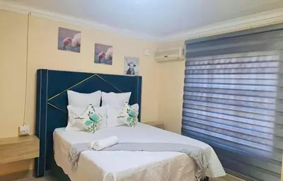 a bedroom with a large bed with a blue headboard at Glamour C-rane lodge in Phalaborwa