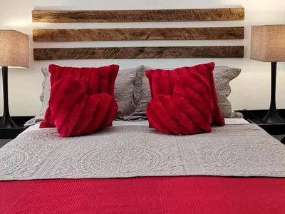 a bed with two red pillows on top of it at Levubu Junction Lodge in Louis Trichardt