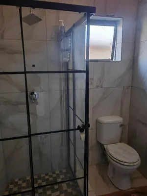 a bathroom with a shower with a toilet and a window at Choosers Express Boutique Hotel Room 4 in Centurion
