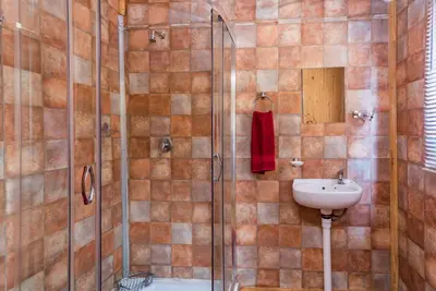 a bathroom with a shower and a sink at Die Boskombuis en Gastehuis in Rayton