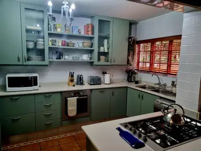 a kitchen with green cabinets and a stove top oven at The Jones in Kaapsehoop
