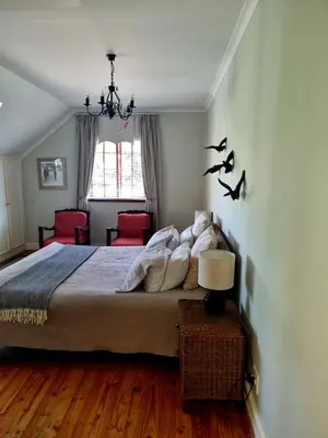 a bedroom with a bed with birds on the wall at The Jones in Kaapsehoop