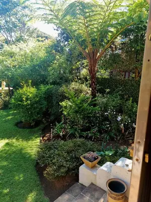 a garden with a white couch in the grass at The Jones in Kaapsehoop
