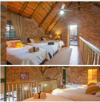 two pictures of a room with three beds at Ton & Trees in Marloth Park