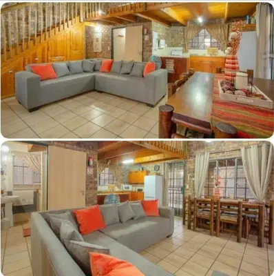 two pictures of a living room and a kitchen at Ton & Trees in Marloth Park