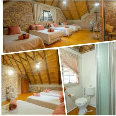 two pictures of a room with two beds in it at Ton & Trees in Marloth Park