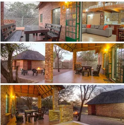 two pictures of a pavilion with a table and benches at Ton & Trees in Marloth Park