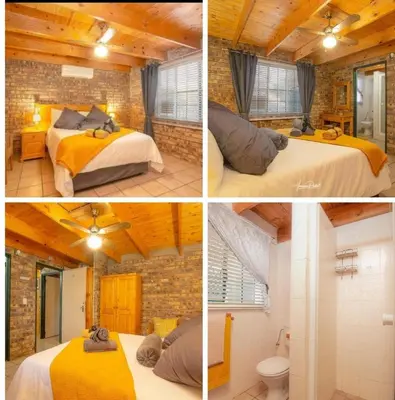 four pictures of a room with two beds and a bathroom at Ton & Trees in Marloth Park