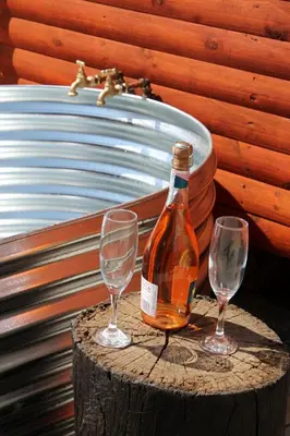 a bottle and two wine glasses sitting on a stump at Thirty-Three Dinokeng Big 5 with a hot tub in Klipdrift