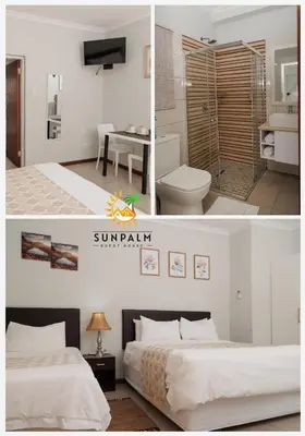two pictures of a hotel room with two beds and a bathroom at Sunpalm Guesthouse in Nelspruit