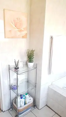 a metal shelf in a bathroom with a sink at Dali in Pretoria