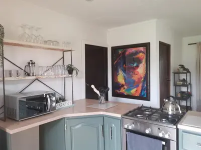 a kitchen with a microwave and a painting on the wall at Cozy Cabin in Dullstroom