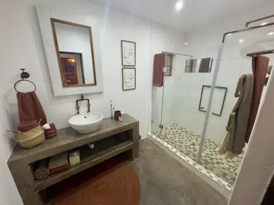 a bathroom with a sink and a shower at The Blue Shutter Guest House in Haenertsburg