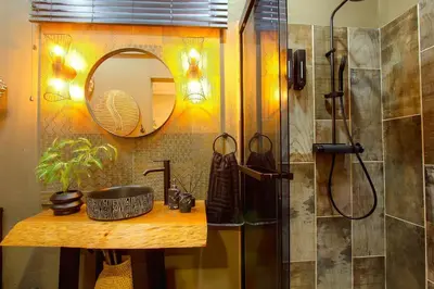 a bathroom with a shower and a sink and a mirror at Wild Whispers in Marloth Park
