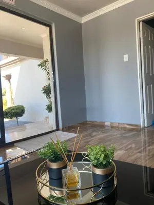 a room with two potted plants on a glass table at 606 Guesthouse in Bushbuckridge