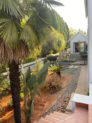 a garden with a palm tree and a bench at Stay in Woodhill Golf Estate near Pretoria East Hospital in Pretoria