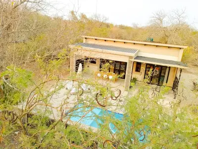 a small house with a pool in front of it at Longneck Luxury Bush Lodge in Marloth Park