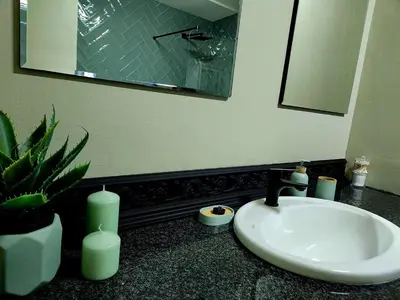 a bathroom with a sink and a mirror and a plant at Fairstreams Nr3 in Dullstroom