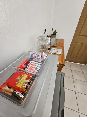 a kitchen with a refrigerator with a counter top at De Villa Guesthouse in Middelburg