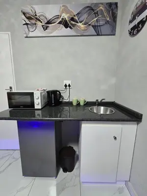 a kitchen counter with a microwave and a sink at Impala Palms Guesthouse in Modimolle