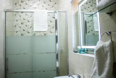a bathroom with a shower and a toilet and a sink at Earthy Inn in Pretoria