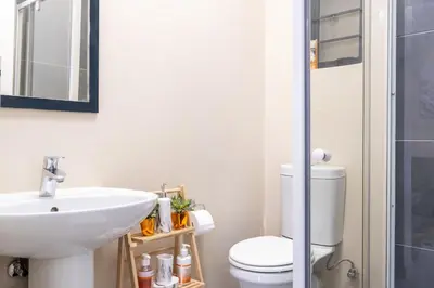 a bathroom with a toilet and a sink and a shower at The Ridge View in Midrand