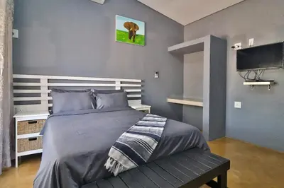 a bedroom with a bed and a television in it at Ilanga Kruger Lodge in Marloth Park