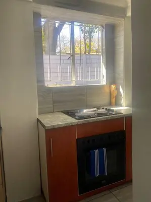 a small kitchen with a sink and a window at The Royal Kyota in Sandton