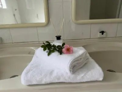 a towel with a flower on top of a bath tub at Busa House Self-Catering Unit in White River