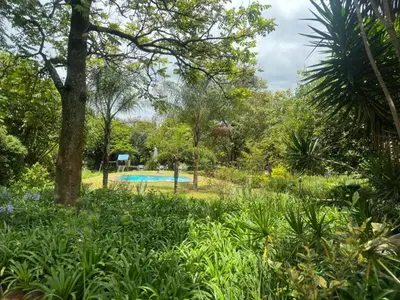 a swimming pool in a garden with trees and plants at Busa House Self-Catering Guest House in White River