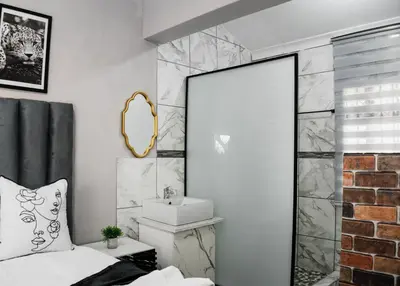 a bathroom with a sink and a mirror at Plein On Suid Guesthouse in Polokwane