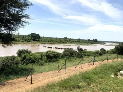 a field with a fence next to a river at Beautiful Home Mjejane Private Game Reserve in Hectorspruit