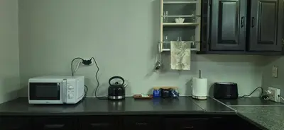 a kitchen counter with a microwave on top of it at Sandgrouse Guesthouse in Centurion