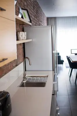 a kitchen with a sink and a refrigerator at Iconyc Apartment in Brentwood Park