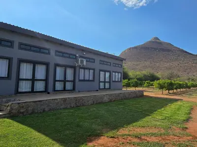 a house with a mountain in the background at Die Boom Guest Farm in Boerboomskraal